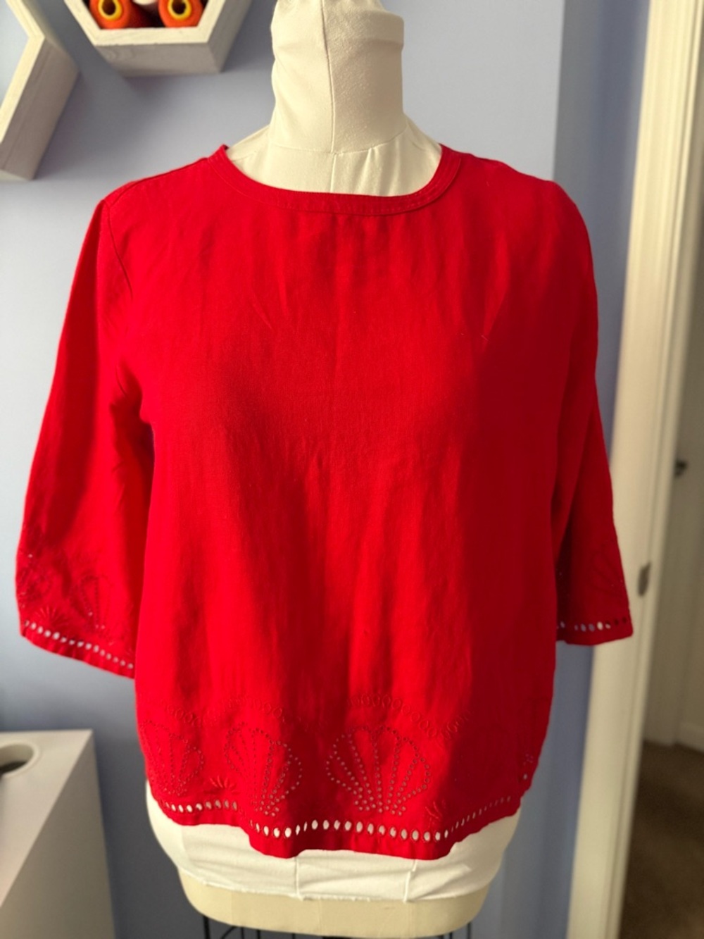 LOFT Red Embroidered Crewneck Blouse